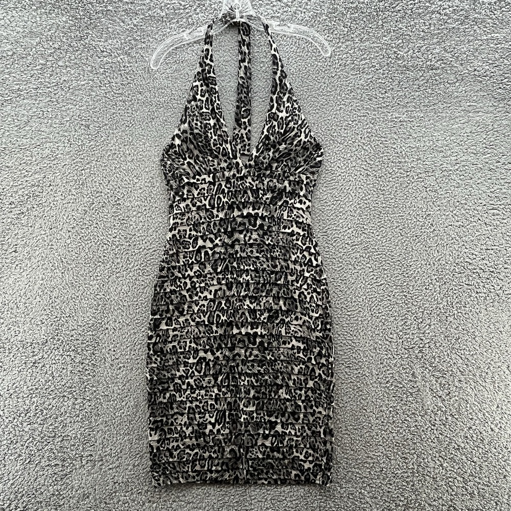 VTG 90s Cache‎ Dress Womens 8 Black Leopard Bodycon Party Halter Sheath